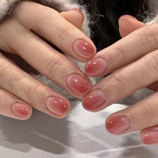 Pink Ombre Press On Nails Short Square, Glossy Natural Fake Nails for Women, Blush Gradient Stick On Nails, Elegant Everyday False Nails Set, 24 PCS
