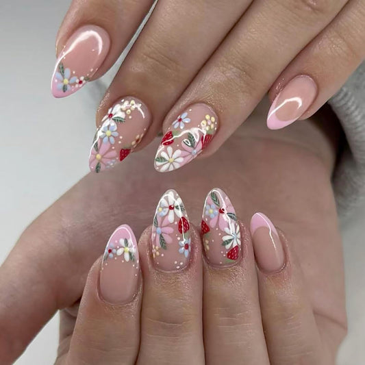 Press on Nails, Medium Almond, Pink French Tip, Colorful Floral Strawberry Design, Glossy Finish, Full Cover Stick on Nail, 24 Pcs