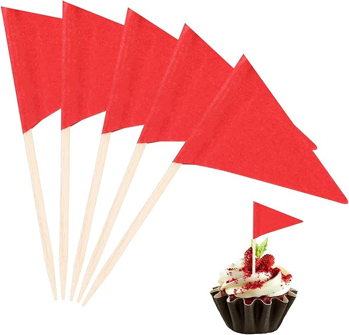 100 Pcs Solid Red Toothpick Flags Mini Small Plain Red Triangle Stick Golf Cupcake Toppers Sticks Blank Flag Fruit Cheese Markers Flags for Wedding Party Buffet Appetizers DIY Decoration