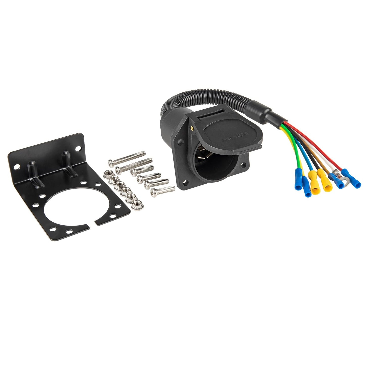MECMO 7 Way RV Trailer Light Connector Socket 7 Pin Wire Electrical Trailer Adapter Quick Converter with Mounting Bracket, Truck End Quick-Install 7 Prong Universal Pigtail Wiring Harness Vehicle Side