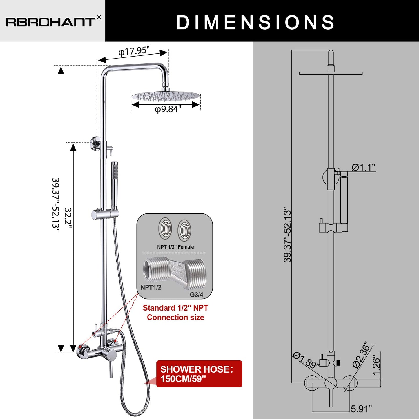 RBROHANT Outdoor Shower, Wall Mount Outdoor Shower Kit, Outside Shower Faucet with Height Adjustable Rain Shower and Handheld, Exposed Shower System for Pool, Wall Mounted, Polished Chrome, JK0146