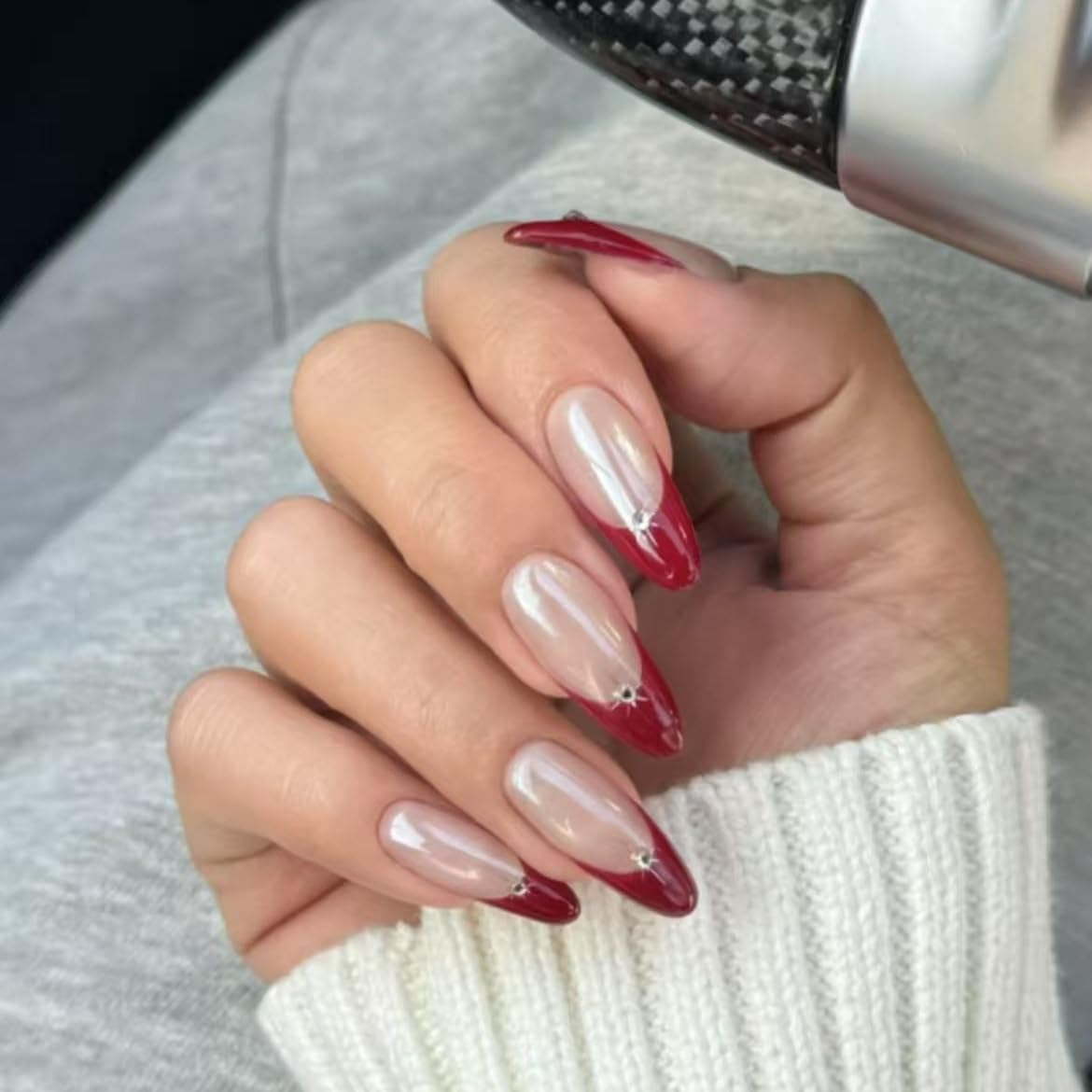 Handmade Red French tip Press on Nails Christmas long style Almond Fake Nails with Glue Full Cover Glossy False Nails Stick on Nails for Women Manicure Aurora Powder Decoration 10PCS (MT-124-L)