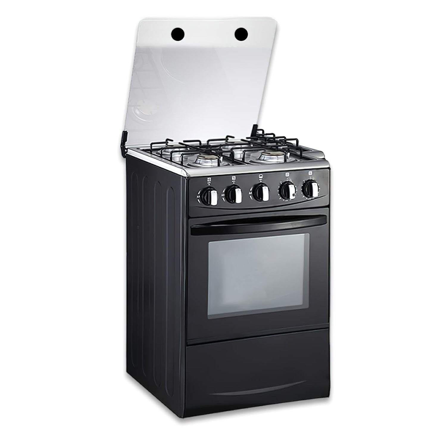 20" LPG Gas Stove - Equipped with 4 coil burners and Stainless Steel 50L Oven (Black: Automatic ignition)