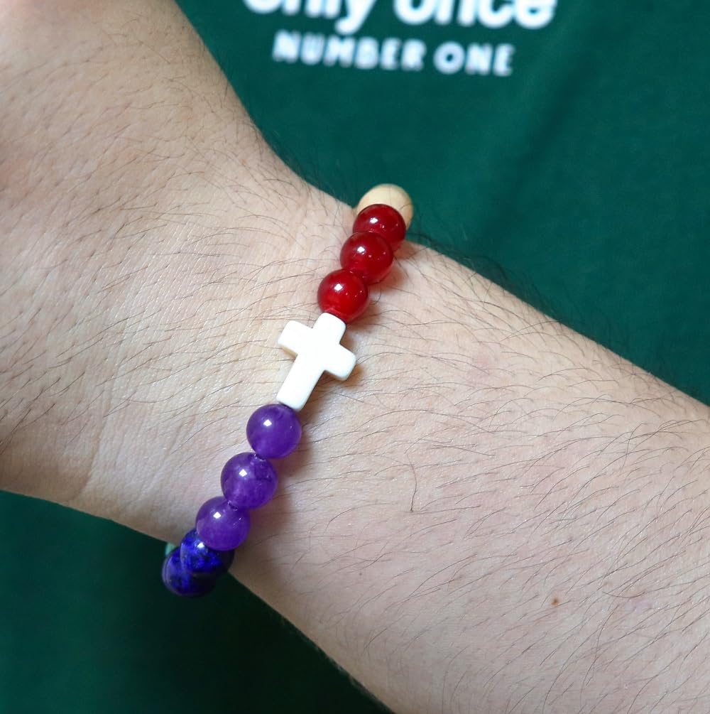 Pingyongchang Christian Gifts for Women Men Cross Healing Crystal Bracelet Faith Easter Catholic Religious Bracelet Natural Stone Stretch Bracelets Stress Relief Anxiety Yoga Bracelet (Seven Chakra)