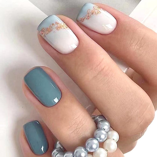 Press On Nails - Short, Glossy Blue False Nails with Glitter Designs, 24Pcs