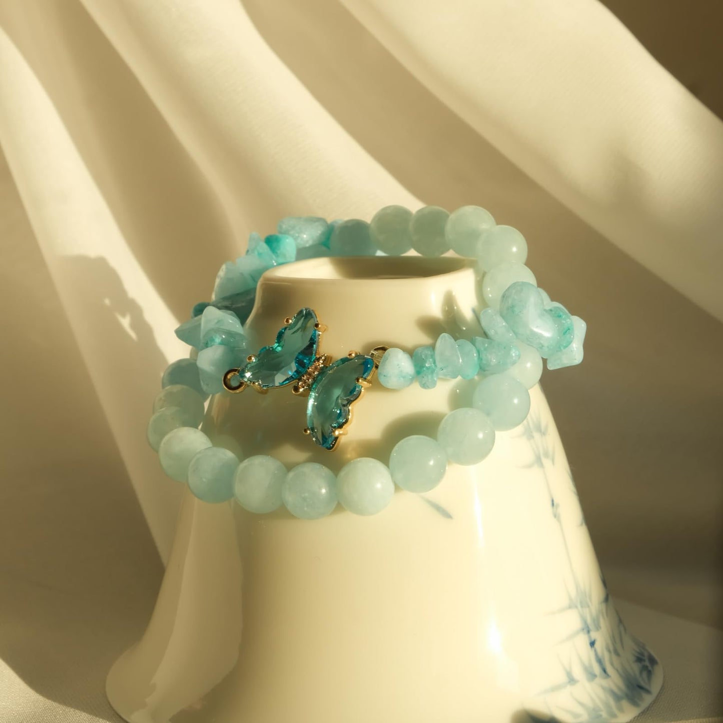 RONYOSTING Amazonite Healing Bracelet for Women - Yoga Jewelry with Butterfly Charm, Handmade Stretchy Round Beads Bracelet, Enhance Positive Energy