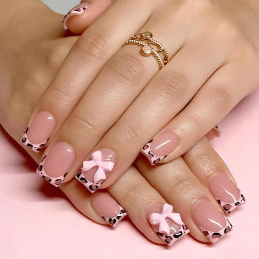 French Tip Press on Nails Short Square Fake Nails Leopard French False Nails Tips Bow Charms Glue on Nails Cute Full Cover Acrylic Nails for Women Manicure Nail Decoration 24Pcs