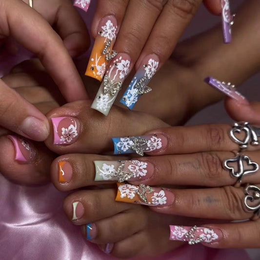 CTTHNBD Press on Nails Long Square & Fake Toenails Set, Flower Butterfly Charms Design - Spring Press on Toe Nails for Women - 48 Pcs