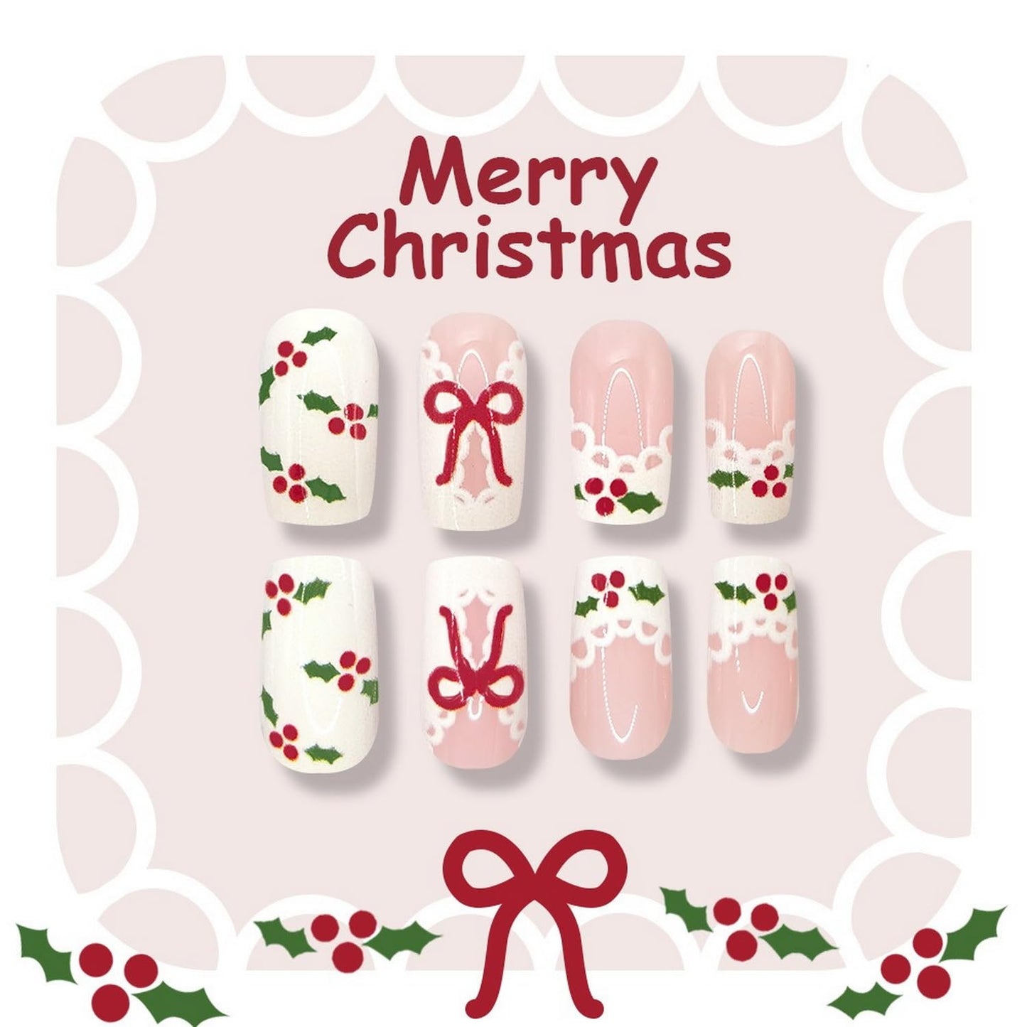 Christmas Press on Nails Short Square Fake Nails with White Red Green French Knot Lace Edge Design False Nails Full Cover Bow Acrylic Nail for Women DIY Manicure Decoration 24 Pcs