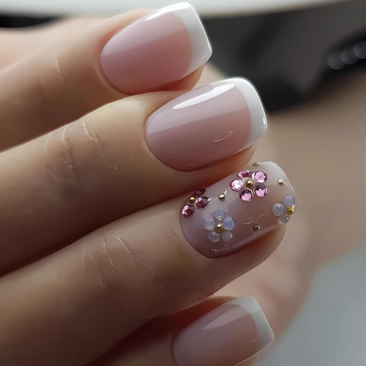 Press on Nails Short Square MABKJLF Petite Fake Nail White French Tip False Nails with Rhinestones Flower Gold Ball Designs Glossy Glue on Nail Spring Full Cover Acrylic Nails for Women Girls 24Pcs