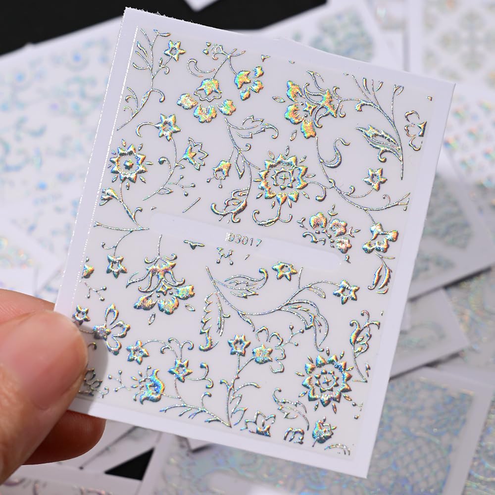 WEIXIWUYU Laser Silver Hollow Retro Floral Vine Nail Art Stickers Laser Silver Lace Design Nail Supplies 3D Self-Adhesive Nail Stickers for Women Girls DIY Manicure Slider Decorations 30 Sheets