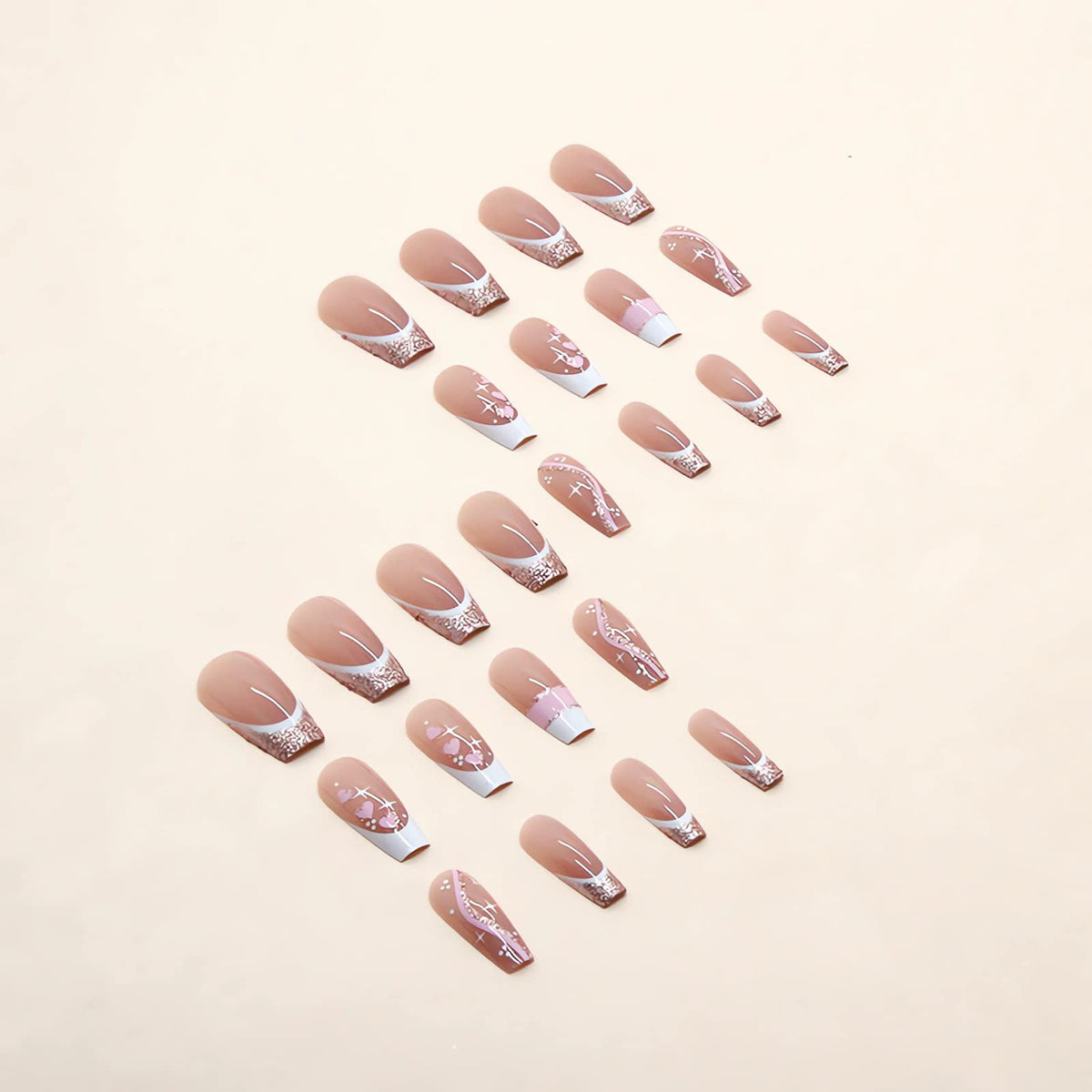 IMSOHOT Press on Nails Long Coffin Fake Nails French Acrylic Glue on Nails Glossy Full Cover Glitter Pink Heart False Nails for Women Girls 24Pcs