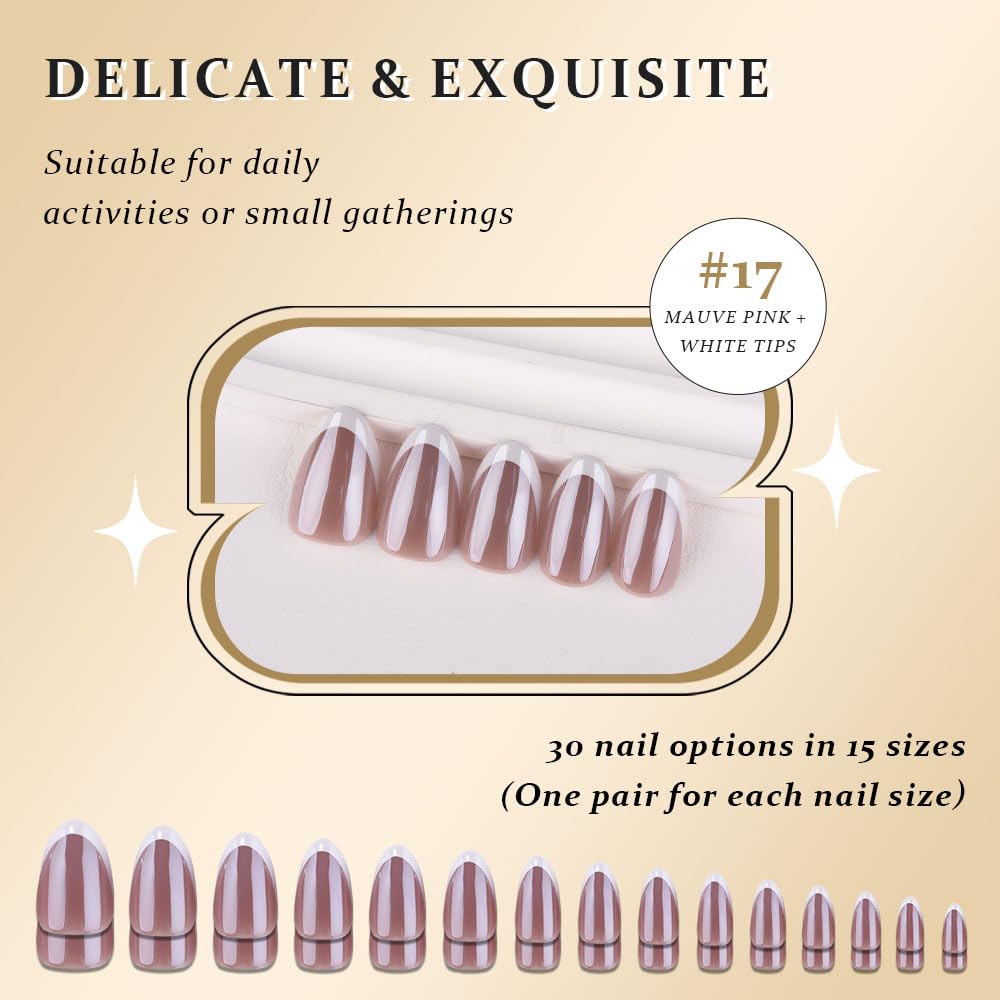 evpct French Tip Press On Nails Short Almond, Mauve Taupe + White Tips, Chrome Glazed Glossy Short Almond Fake False Press on Nails, Reusable Gel Stick on nail Press ons Nail Kits, Salon Quality