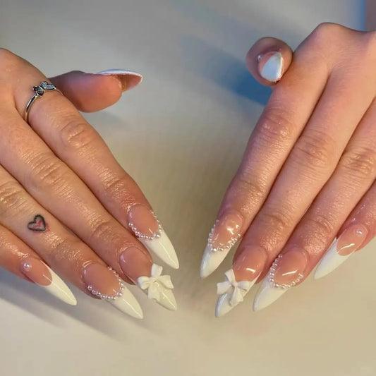 Handmade Press on Nails Almond Pearl White Fake Nails French Glossy 3D False Nail Tips Artificial Nails Finger Manicure for Women&Girls -10 pcs (MT-102, S)