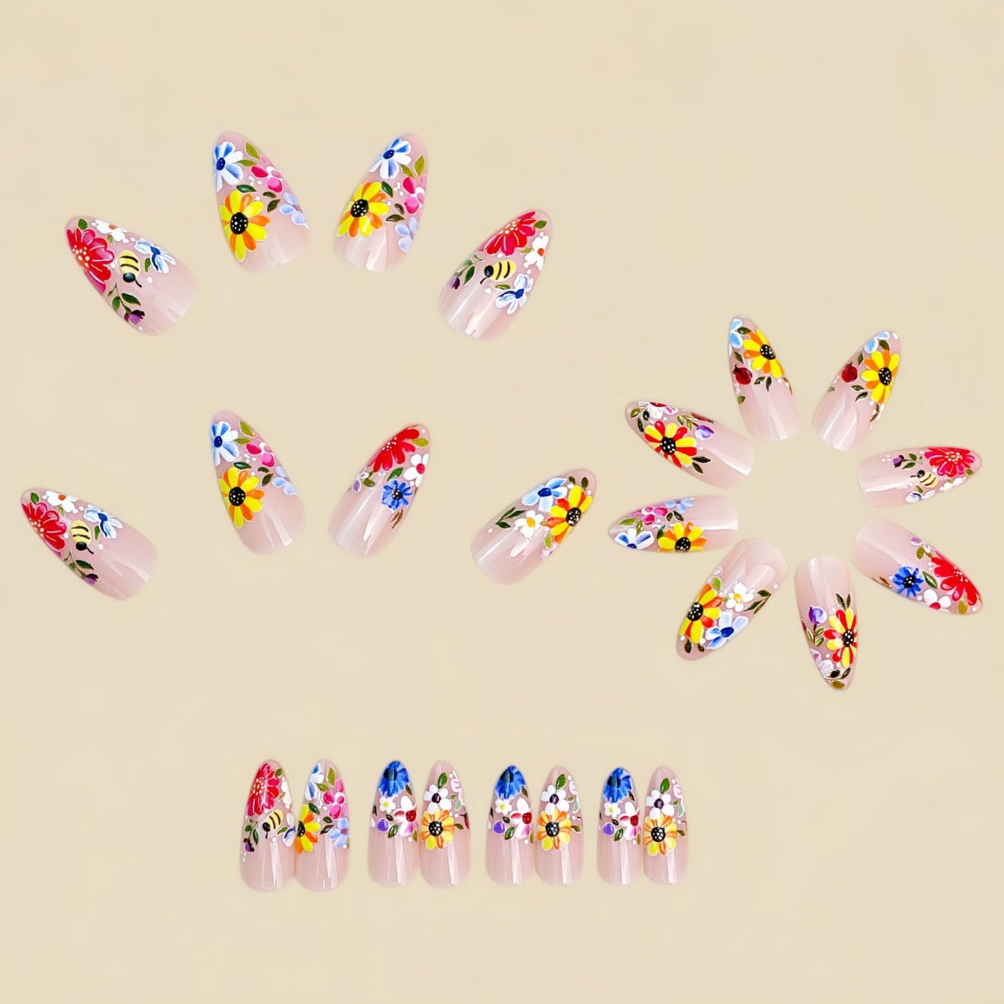 24pcs Flower Press on Nail Almond Shape Fake Nails with Colorful deisgns Stick on Nail Full Cover Nude Pink Press ones French Tip False Nails for Women Summer Glue on Nails
