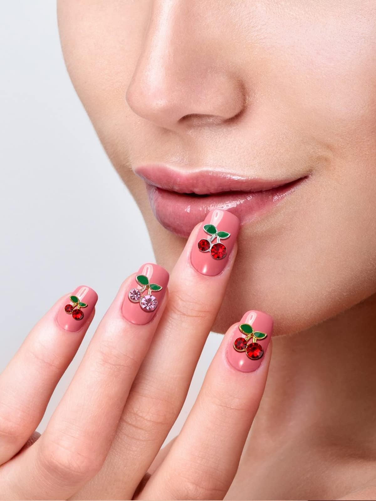 48Pcs Cherry Nail Rhinestones, Kalolary 3D Valentine's Day Charm Red Pink Fruit Diamond Crystal Nail Studs Alloy Nail Gems for Women Nail Art Decoration