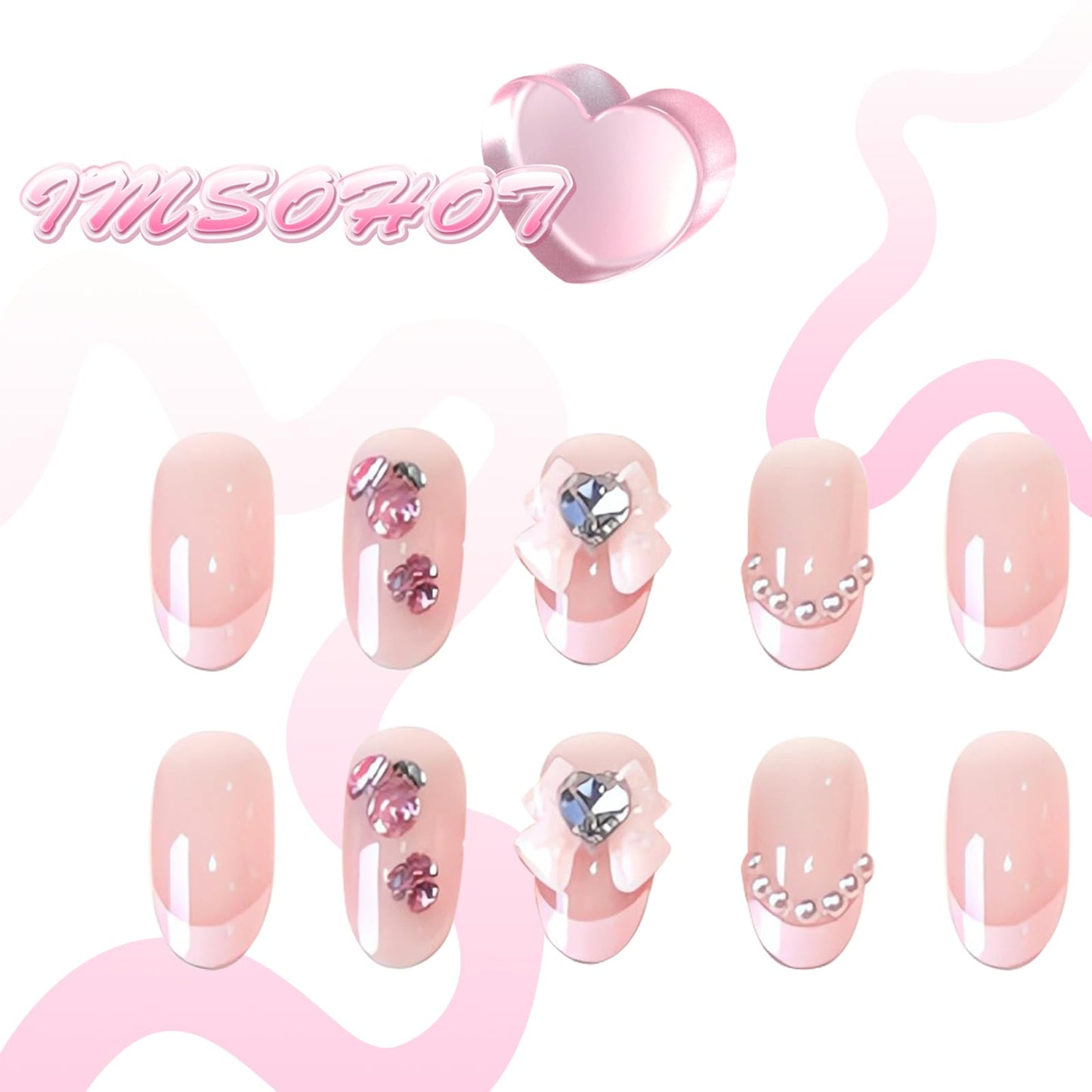 IMSOHOT Oval Press on Nails Pink Short Fake Nails French Tips Acrylic False Nails with Bow Tie Charms Designs Rhinestone Pearl Full Cover Glue on Nails for Women and Girls 24Pcs