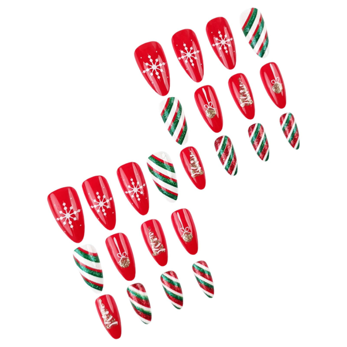24Pcs Christmas Red Snowflake Press on Nails Long Almond Red Green Stripes Fake Nails with Glitter Christmas Tree Designs False Nails Full Cover Glossy Acrylic Holiday Stick on Nails for Women Girls