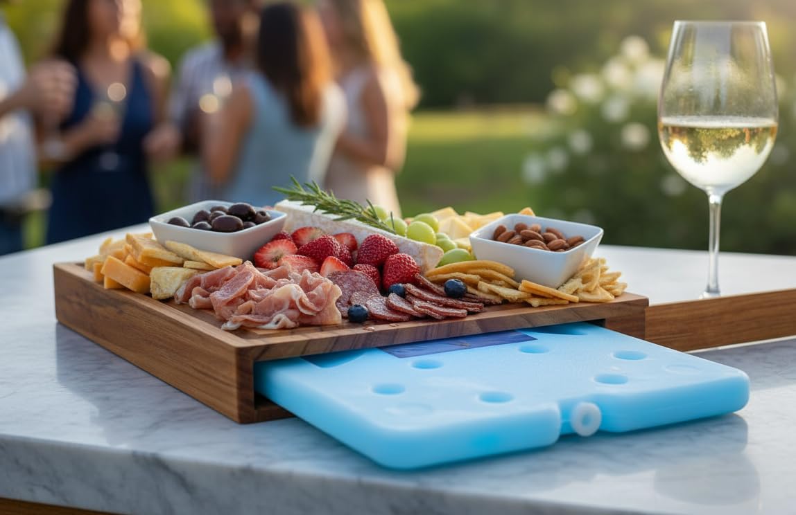 Latitude Board®- Original Chilled Charcuterie Board with a Built In Ice Pack. Premium Handcrafted Teak Wood Serving Board. 15inx11.5inx 2in
