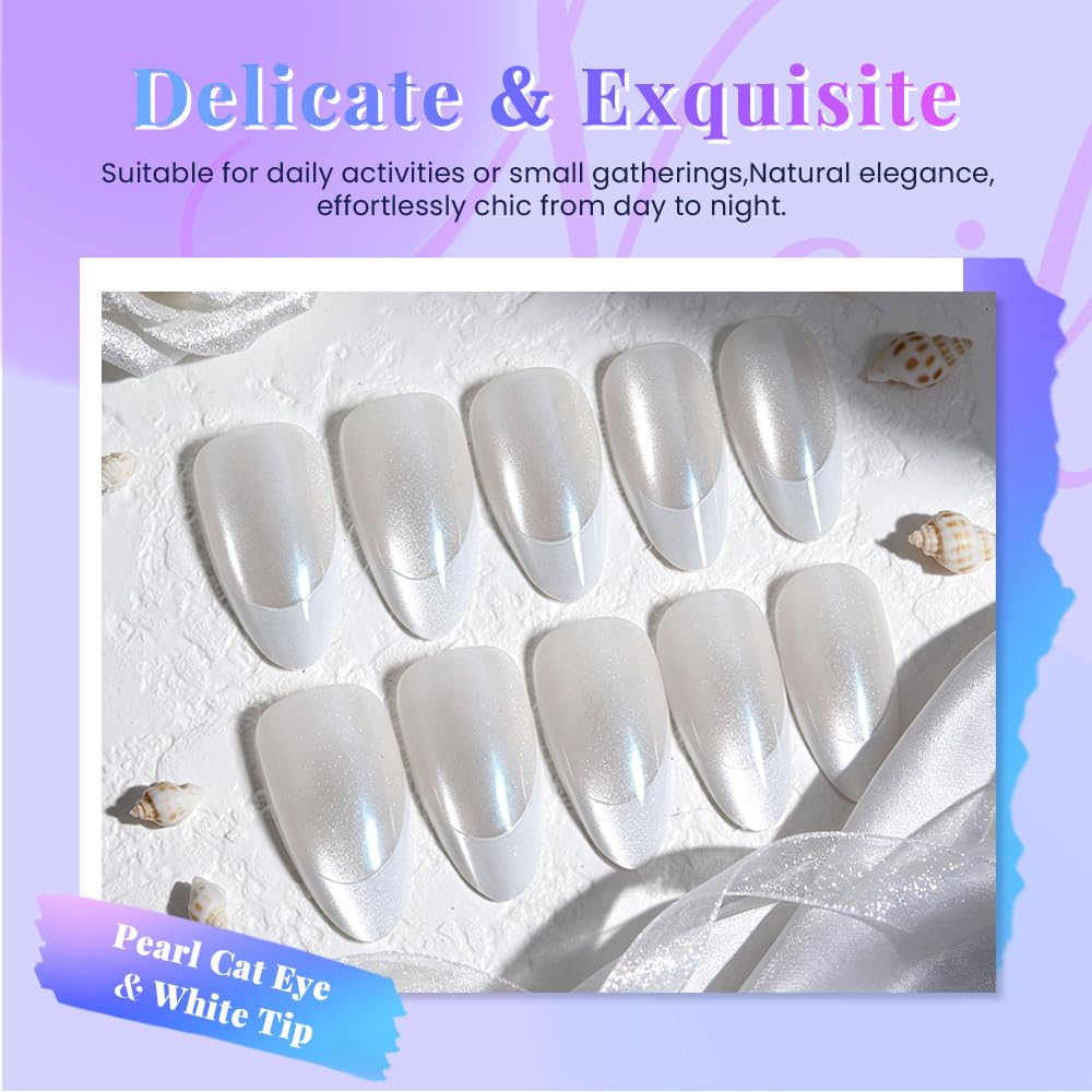 evpct Pearl Cat Eye French Tip Press on Nails Almond Medium No Glue, White French Tip Medium Almond Holographic Stick on Nails for Women, Reusable Full Cover Soft Press on Nail Perfectly with Design