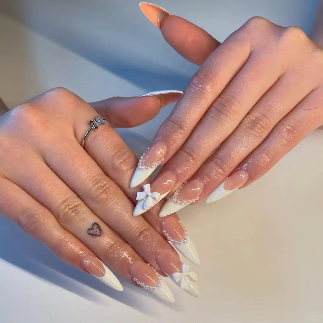 Handmade Press on Nails Almond Pearl White Fake Nails French Glossy 3D False Nail Tips Artificial Nails Finger Manicure for Women&Girls -10 pcs (MT-102, S)