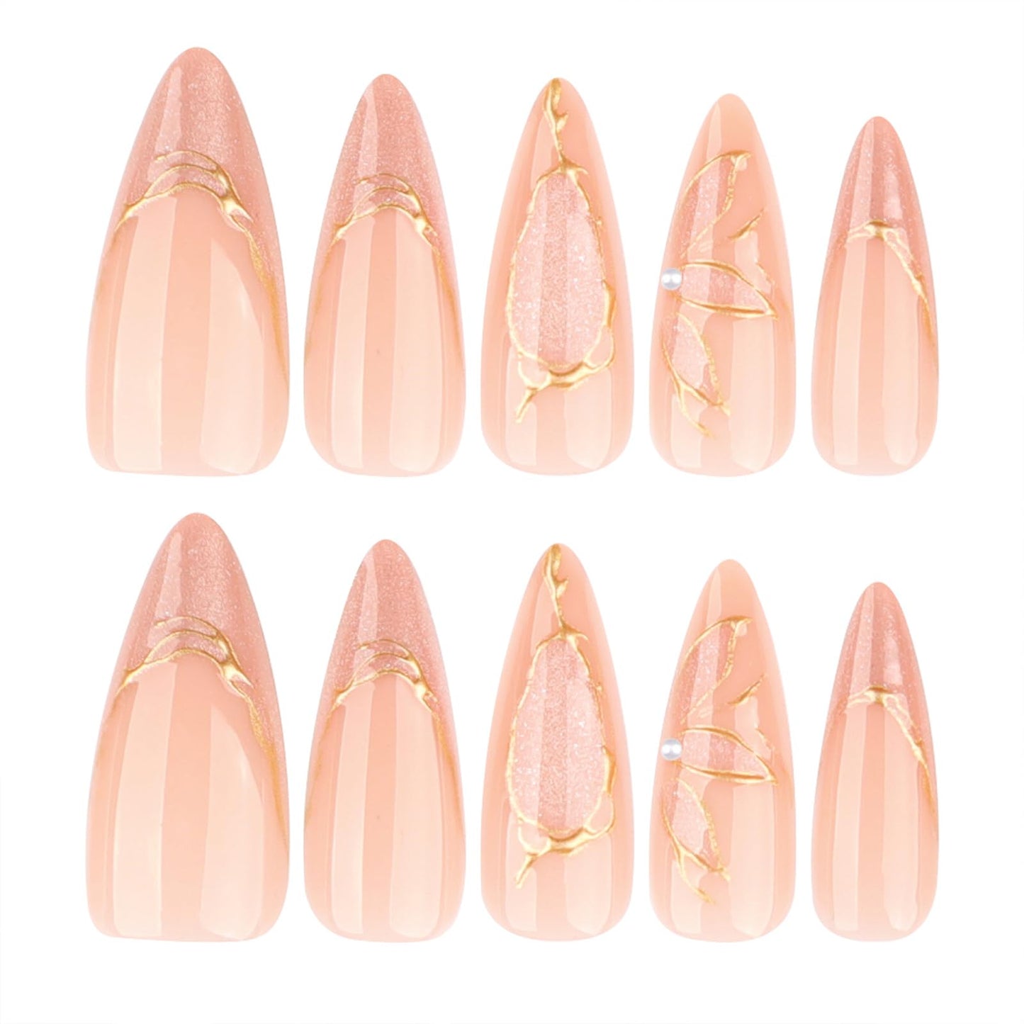 Mivota Medium Stiletto Press On Nails – Nude Pink with 3D Gold Chrome Design, 24PCS Acrylic Fake Nails Kit with Glue and Tools, Glamorous Glossy Stick On Nails for Women Party Wedding