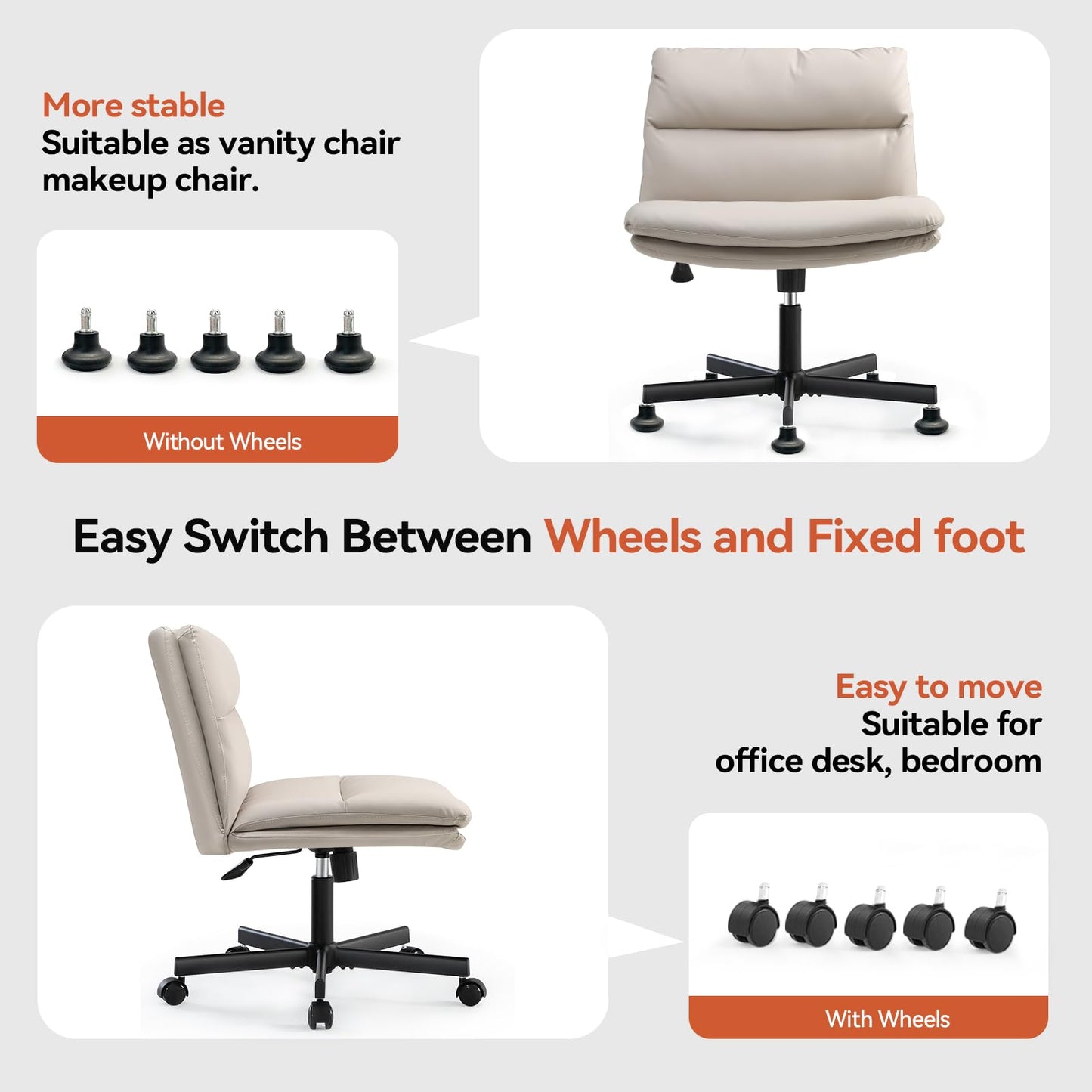 EMIAH Criss Cross Chair with Wheels Home Office Desk Chairs PU-Padded Vanity Chair Mid-Back Ergonomic Computer Chair Comfortable Adjustable Swivel Desk Chair Comfy