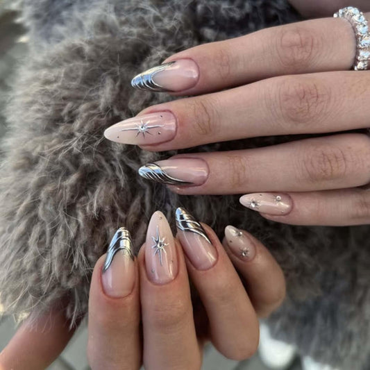 Silver Press on Nails Almond Fake Nails Medium Length False Nails Press ons with Star,Lines Design,Reusable Artificial Nail Full Cover Glossy Glue on Nail Stick on Nails for Women Manicure 24 Pcs