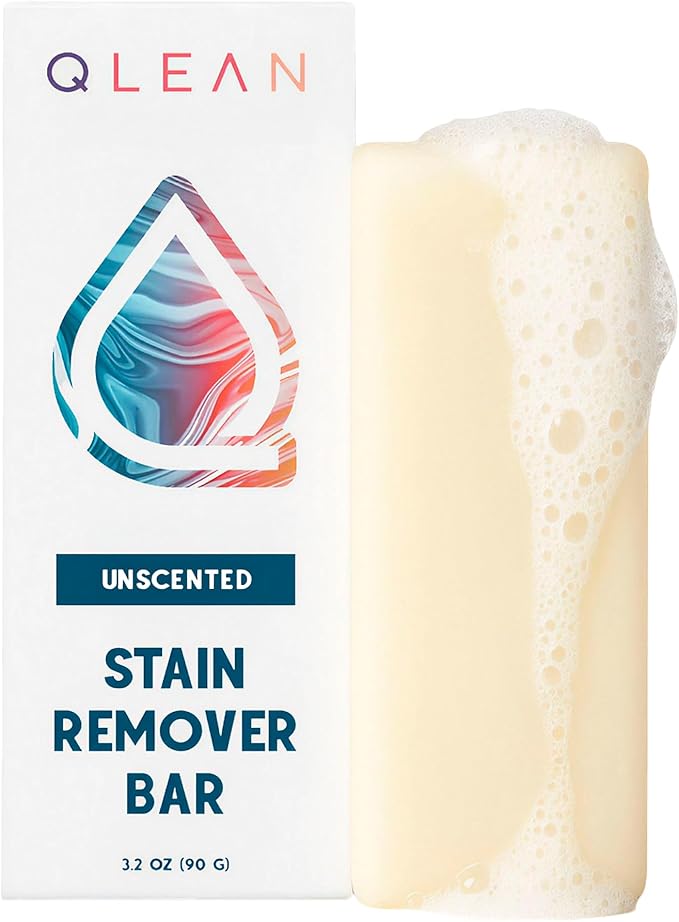 QLEAN Vegan Stain Remover Bar for Fabrics, Laundry Bar Soap for Clothes â Plant-Based, Travel-Friendly Stain Remover for Grease, Wine, Coffee, Grass & More â Non-Toxic & Safe for Delicates (1)