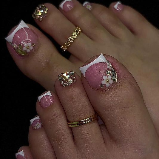 yefiuo Press on Toenails White French Toe Press on Nails Tips Kit Pink Fake Toe Nails Press ons False Toenails 3D Flowers Rhinestones Acrylic Glue on Nails Stick on Nails for Women Nail Supplies 24Pcs