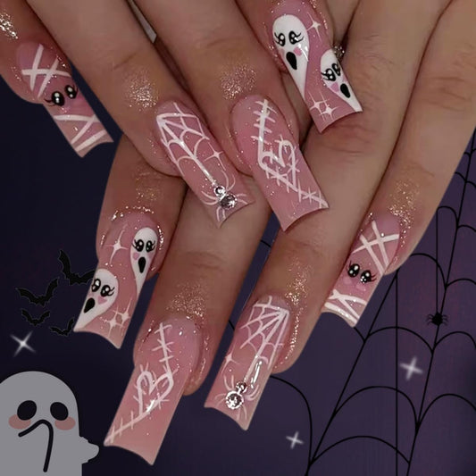 24Pcs Halloween Press on Nails Long Square Fake Nails Spider and Spider Web Ghost Design Stick on Nails Rhinestone False Nails Bling Artificial Full Cover Acrylic Glue on Nail for Women Girl Manicure