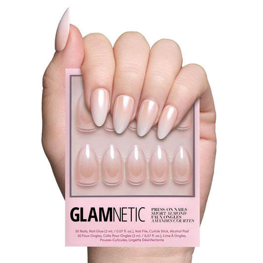 Glamnetic Press On Nails - Fiancéd | Short Almond Fake Nails with a Nude Ombré and Glossy, Glazed Finish, Salon Quality | 15 Sizes - 30 Nail Kit with Glue