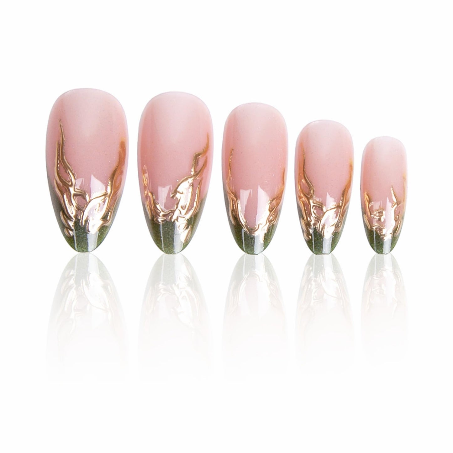 Medium Press on Nails Almond Fake Nails Green Acrylic Nail Press Ons Seeneey Gold Charm Designs Cat eye Stick on Nail for Women 24pcs