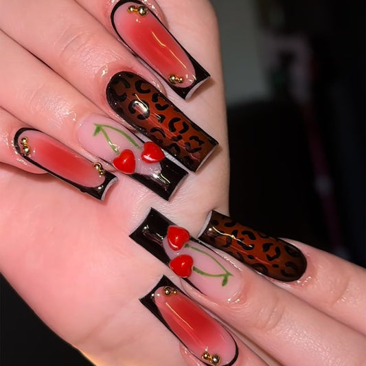 Long Square Press on Nails Fake Nails Artificial Nail Stick on Nail for Women, Leopard Print & Hearts, Black White French with Gold Bead Accents