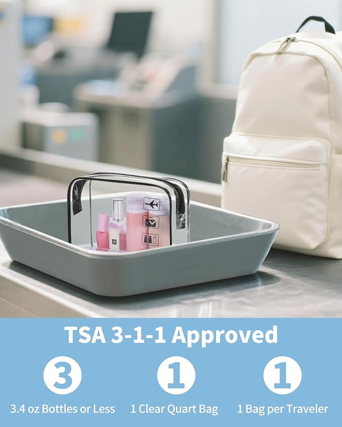 WANDF TSA Approved Toiletry Bag, 2 Packs Travel Clear Toiletry Bag, Quart Size Makeup Cosmetic Pouch with Zipper, Carry-On Airport Compliant Bag for Women and Men (2 pcs, Black)