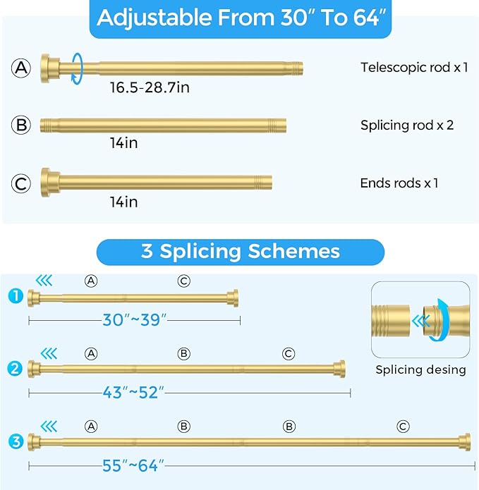 Shower Curtain Rod 31-63 Inch,0.87"Diameter Adjustable Spring Tension Curtain Rods No Drill,Warm Gold Shower Tension Rod for Bathroom,Room Divider,Window,Anti-Rust Non-Slip 1-Pack