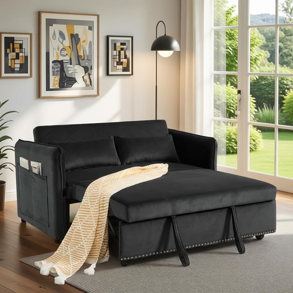 Trygoal 3 in 1 Convertible Sofa Bed, Pull Out Couch with Side Pockets, Velvet Fabric Loveseat Sleeper Sofa Bed, Pull Out Couch with Adjustable Backrest for Living Room, Bedroom, Apartment, Black