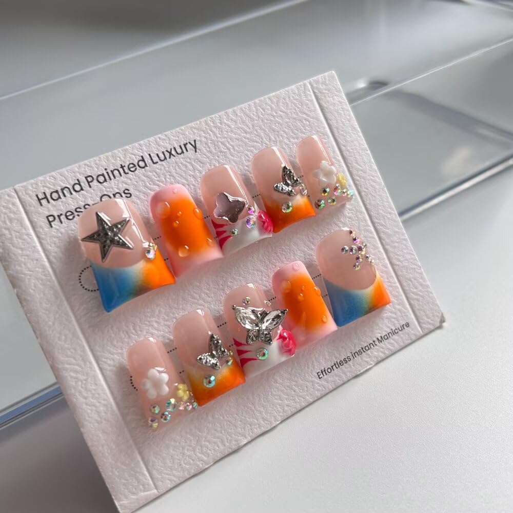 MXYIYANR Press On Nails - Handmade Nails Yellow Duck Nails for Women, French Pearl Nail Tips Reusable Stick On Fake Nails, DIY Art Decorate with Nail File Kit (SIze M)