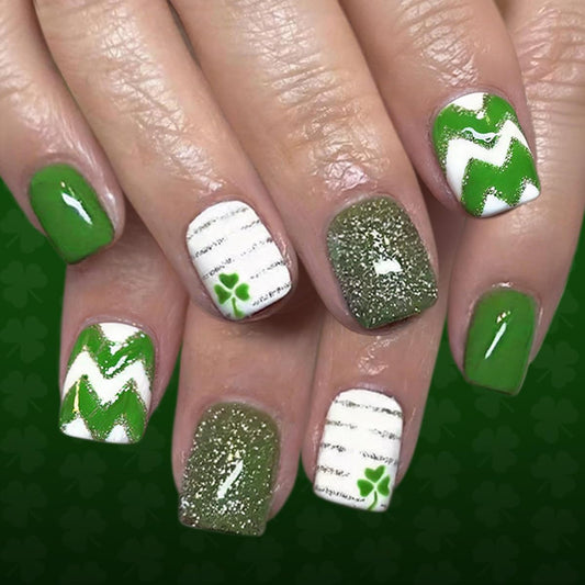 24Pcs St. Patrick's Day Press on Nails Short Square Green Fake Nails with Clover Stripes Designs White Nails Tip Kit Glossy Full Cover Glitter Glue on Nails Reusable Stick on Nails for Women
