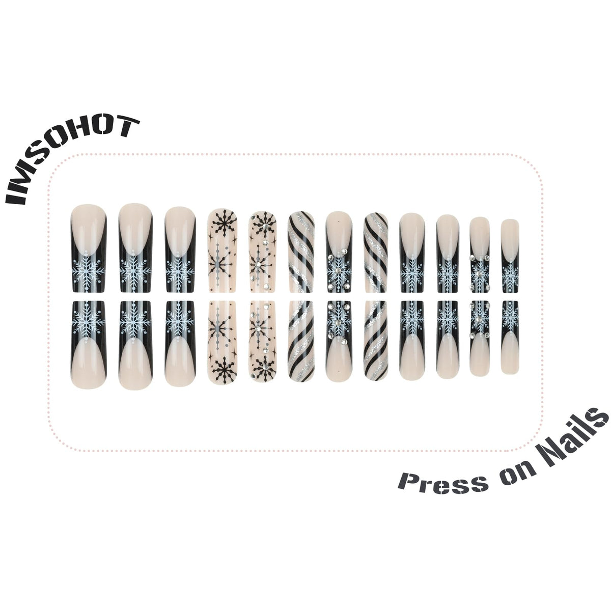 IMSOHOT Black Press on Nails Long Square Fake Nails Xmas Snowflake, Silver Glitter, Rhinestone | Acrylic Glossy False Nails Artificial Glue on Nails for Women DIY Manicure Decor