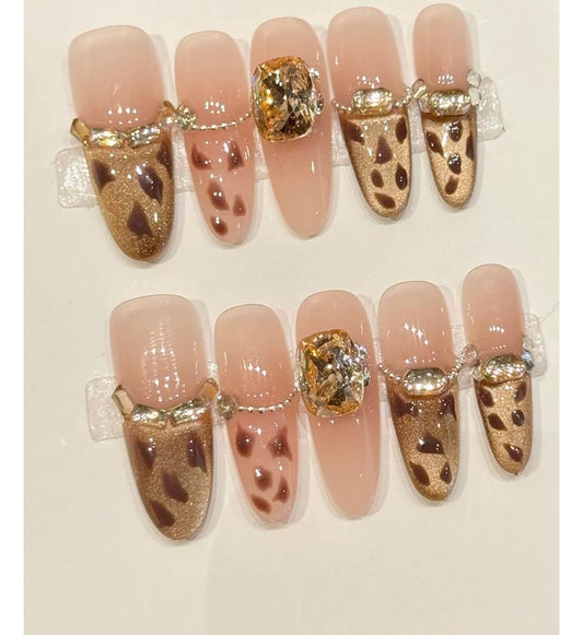 Handmade Press on Nails Long Stiletto Fake Nails French Tip Leopard print False Nails with 3D Rhinestones Designs Sparkly Gold luxury Artificial Nails Reusable for Women 10pcs (Size M）