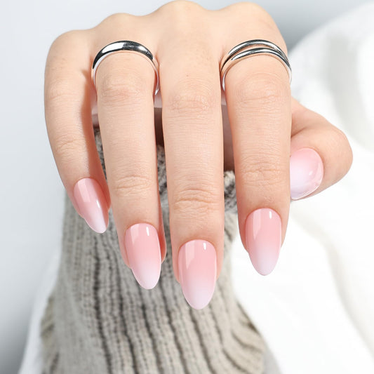 Leefrei Press On Nails - Short Almond Nude Pink Fade Press on Nails Glossy Nails Press Ons for Women DIY Fake Nails Kit with Glue, Reusable Glue on Nails Short in 16 Sizes - 32pcs, Peach Veil