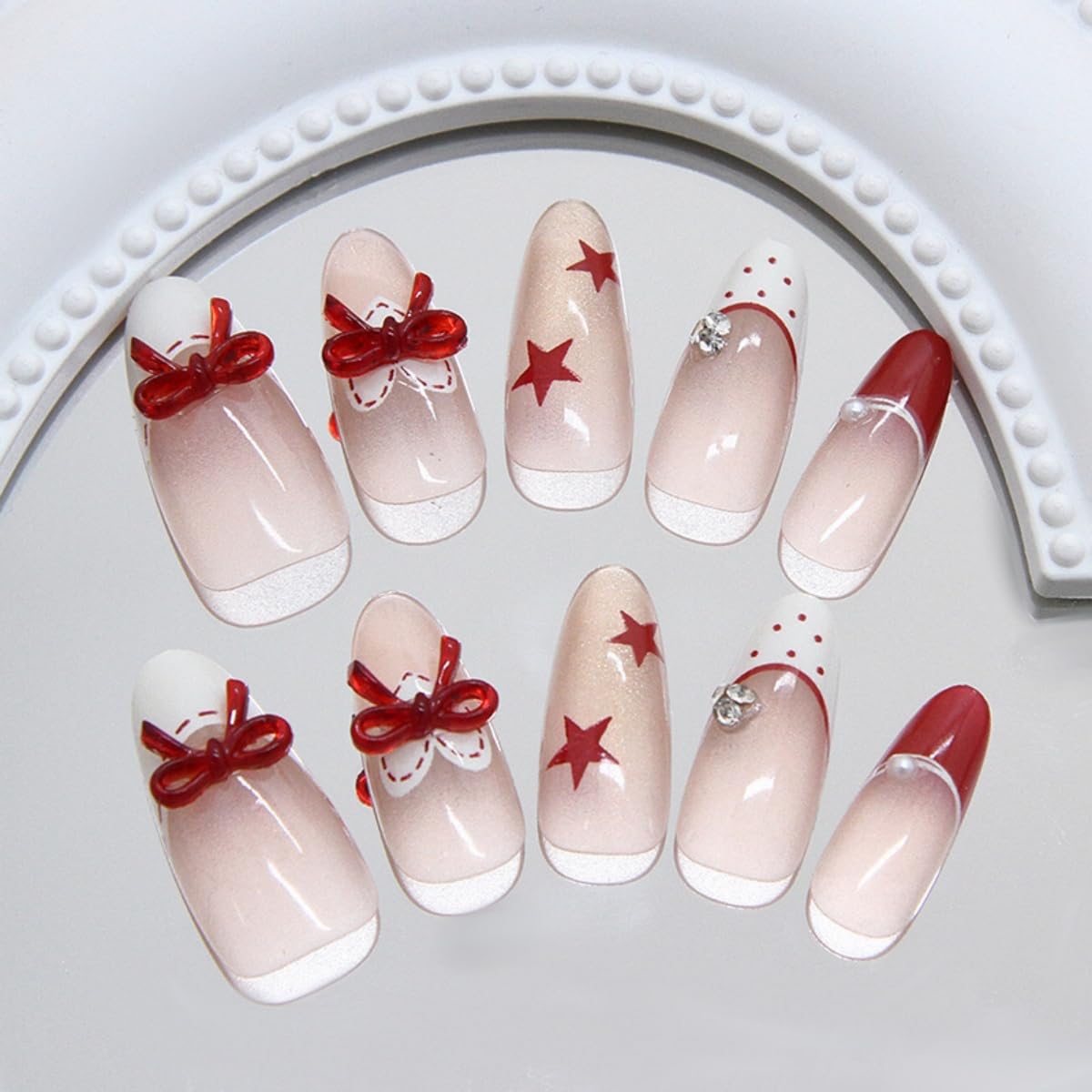 French Tip Press on Nails Medium Almond Fake Nails with Glue Nude Glitter Glossy Acrylic Nails Design Star Heart Bow Rhinestones Design False Nails for Women Manicure Decoration 30PCS