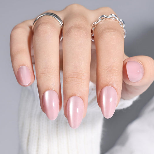Leefrei Cat Eye Press On Nails - Glazed Soft Pink Press On Nails Short Almond Nails Press Ons for Women Fake Nails with Glue, Glossy Reusable Glue on Nail in 16 Sizes - 32pcs, Petal Pink