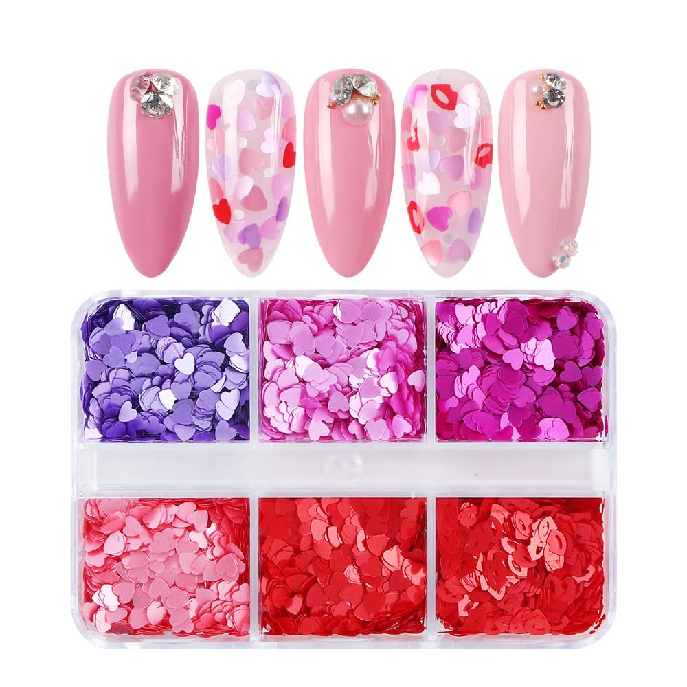18Grids Valentine's Day Nail Art Glitter Sequins Kits 3D Heart Nail Glitters Valentine Nail Stickers Decal for Shining Flakes Red Pink Purple Heart Shaped Nail Design for Manicure Charms Decorations