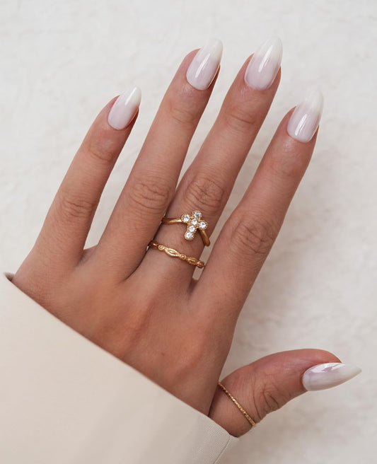 ESLALA Press On Nails Short Almond,Milk White Fake Nails,Glossy False Nails,Reusable Stick On Fake Nails with Glue | 16 Sizes - 32 Nail Kit(10 Almond Milk White)