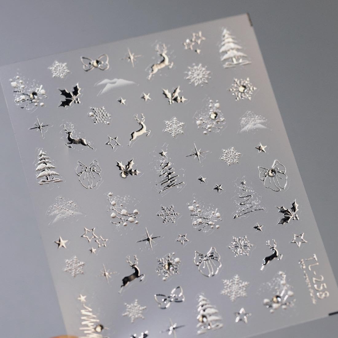 Christmas Nail Art Stickers 5D Embossed Silver Elk Nail Stickers Self-Adhesive Rhinestone Snowflake Bow Xmas Tree Star Elk Nail Decals for Women Girls Winter Holiday Manicure DIY Nail Supplies