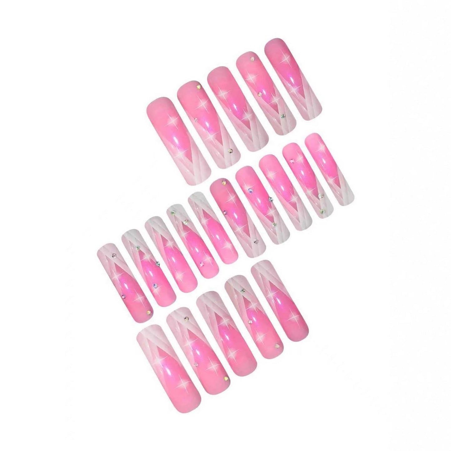 Curved Press on Nail Pink Fake Nails Glitter Acrylic Press ones with Rhinestones designs White French Tip False Nails Glossy Full Cover Cute Stick on Nail Gel Long Square Glue on Nails for Women