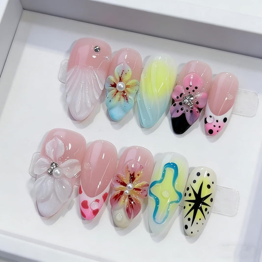 Floral Handmade Medium Almond Press on Nails Nude Pastel 3D Floral Star Patterns Rhinestone Pearl Glossy Finish Reusable Spring Nails Easy Apply Fashion Durable Trendy Women Girls Nail Art 24 Pcs（M）