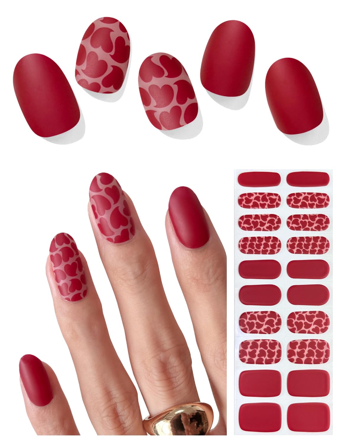 AutyaMee Semi Cured Gel Nail Strips (Matte Red Heart), Valentine's Day, 20 Pcs Gel Nail Wraps, Stickers, Salon Quality, Works with Any UV Lamps
